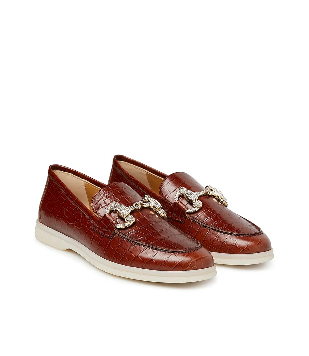 Jewel-buckle Brown croco leather loafers