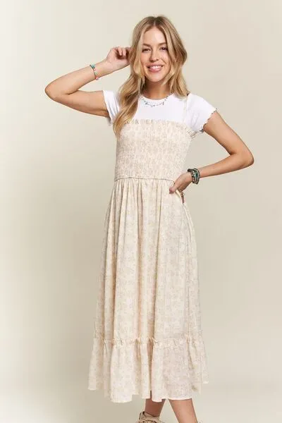 Smocked Floral Ruffled Hem Cami Dress in Apricot